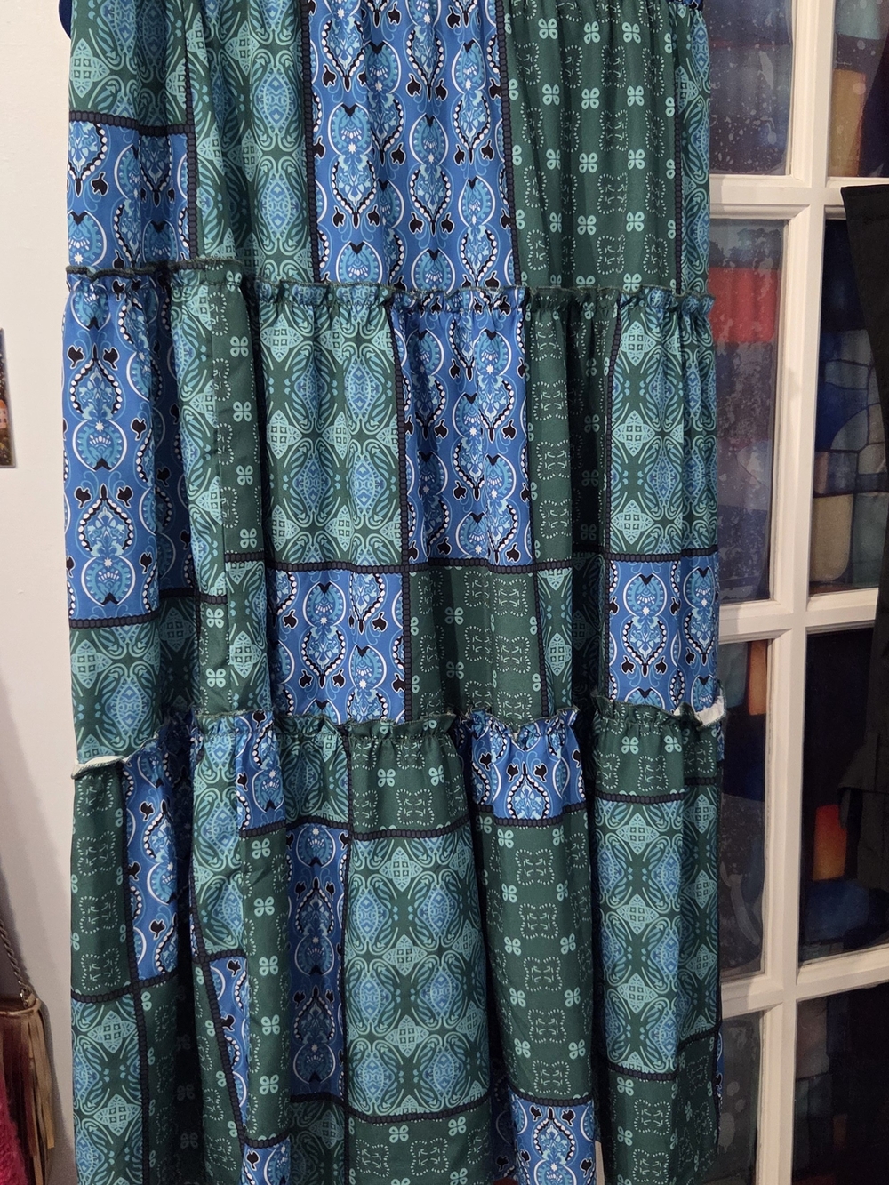 SHEIN Blue & Green Tiered Patchwork Maxi Skirt